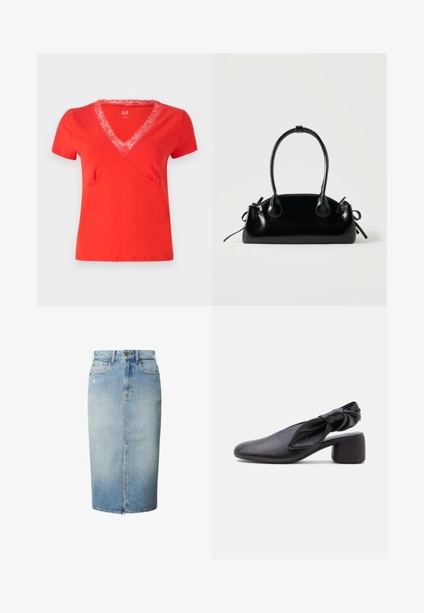 T-shirt rouge à manches courtes et encolure en V avec finition en dentelle. Tissu doux, coupe ajustée et surpiqûres décoratives le long des coutures.; Jupe crayon en denim bleu clair avec fente à l'avant, passants pour ceinture, fermeture par bouton et style cinq poches.; Chaussure slingback en cuir noir avec bout arrondi, détail de bride nouée et petit talon carré sur fond blanc.; Petit sac à main noir brillant avec deux longues anses et des détails à cordon sur les côtés sur un fond clair uni.