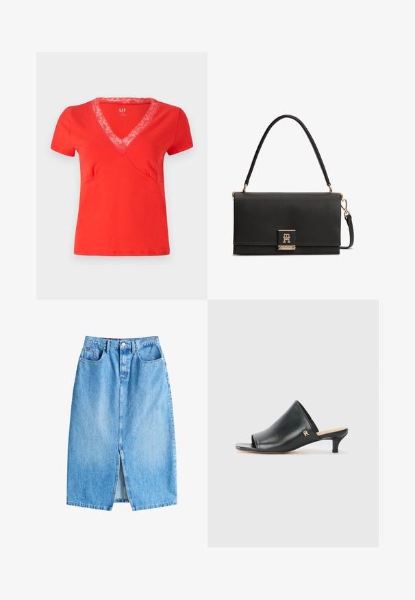 T-shirt rouge à manches courtes et encolure en V avec finition en dentelle. Tissu doux, coupe ajustée et surpiqûres décoratives le long des coutures.; Jupe en denim bleu clair avec une fente avant, cinq poches et une fermeture à bouton. Présente une coupe droite classique et un ourlet effiloché.; Mules ouverts en cuir noir avec un talon bas. Présentent une surface lisse et un accent logo doré sur le côté.; Sac à main en cuir noir texturé avec une poignée supérieure, un fermoir doré présentant un logo TH entrelacé, et une bandoulière détachable.