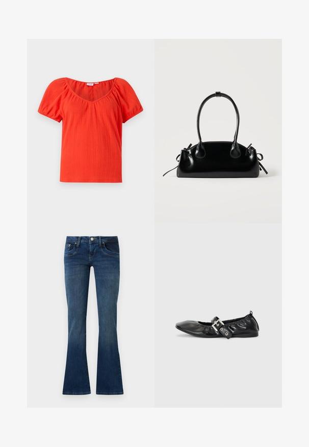 Rotes, geripptes Kurzarmoberteil mit weitem Ausschnitt und gerafften Puffärmeln, gefertigt aus einem leichten, strukturierten Stoff.; Blaue Denim-Bootcut-Jeans mit Vordertaschen und Knopfverschluss, präsentiert vor einem einfarbigen hellgrauen Hintergrund.; Schwarze Leder-Ballerinas mit spitzem Zehenbereich, gerafften Details am Schaft und einem silbernen Schnallenakzent am verstellbaren Riemen.; Kleine schwarze glänzende Handtasche mit zwei langen Griffen und seitlichen Kordelzug-Details vor einfachem hellem Hintergrund.