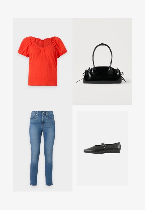 Rotes, geripptes Kurzarmoberteil mit weitem Ausschnitt und gerafften Puffärmeln, gefertigt aus einem leichten, strukturierten Stoff.; GAP SKINNY TALMA - Jeans Skinny Fit - medium indigo; Schwarze Lederflachschuhe mit spitzem Zehenbereich, ausgestattet mit einem metallischen Riemen über dem Spann und einer niedrigen, flexiblen Sohle.; Kleine schwarze glänzende Handtasche mit zwei langen Griffen und seitlichen Kordelzug-Details vor einfachem hellem Hintergrund.