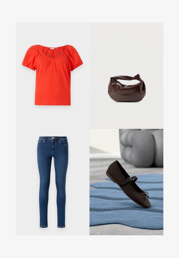 Rotes, geripptes Kurzarmoberteil mit weitem Ausschnitt und gerafften Puffärmeln, gefertigt aus einem leichten, strukturierten Stoff.; Schlanke Jeans aus Denim in Dunkelblau. Verfügt über ein klassisches Fünf-Taschen-Design, eine Metallknopfverschluss und dezente Nähte entlang der Seitennähte.; Dunkelbrauner Mary-Jane-Flachschuh mit Schnalle und Schleifendetail, der auf einem welligen, blauen strukturierten Teppich liegt, im Hintergrund ein graues Polstersofa.; Dunkelbraune Lederschultertasche mit weicher, lockerer Form und einem gedrehten Knotengriff vor schlichtem weißem Hintergrund.