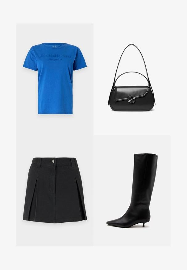 Blaues Baumwoll-T-Shirt mit kurzen Ärmeln, das auf der Brust in passender Farbe den erhabenen Text "PEPE JEANS LONDON WEST ELEVEN" zeigt.; Schwarzer Jeansrock mit Falten, mit vorderer Knopfverschluss, Gürtelschlaufen und Seitentaschen. Glatte Textur und taillierte Form.; Schwarzer kniehoher Lederstiefel mit spitz zulaufender Schuhspitze und niedrigem Kittenabsatz vor einem schlichten hellen Hintergrund.; Schwarze Lederschultertasche mit einer geschwungenen Klappe, die durch einen runden Metallverschluss gesichert ist, und einem schlanken, verstellbaren Riemen.