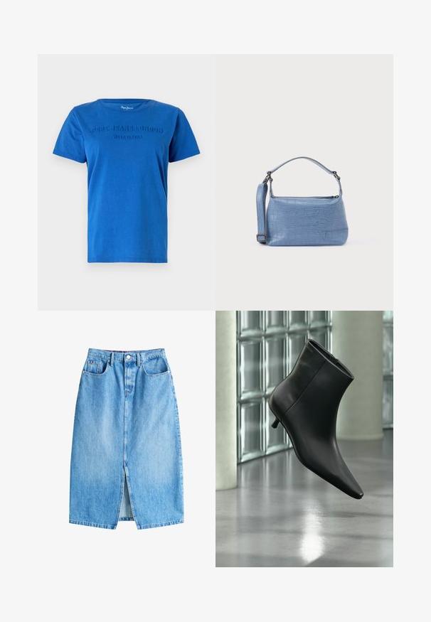 Blå bomulds T-shirt med korte ærmer, med hævet tekst "PEPE JEANS LONDON WEST ELEVEN" på tværs af brystet i matchende farve.; Lyseblå denimnederdel med en frontal slits, fem lommer og knaplukning. Har et klassisk lige snit og frynset kant.; Sort læderankelstøvle med spids tå og lav kitten-hæ, vist vinklet mod en poleret gulv- og glasblokvæg.; Lyseblå taske med krokodillepræg, kort håndtag og aftagelig skulderrem. Glat tekstur med lynlås.