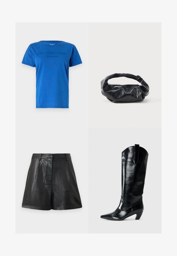 Blå bomulds T-shirt med korte ærmer, med hævet tekst "PEPE JEANS LONDON WEST ELEVEN" på tværs af brystet i matchende farve.; Sorte lædershorts med skræddersyet design, for-ærmer og rene linjer. Overfladen har en glat tekstur med minimal hardware.; Sorte læderknæhøje støvler med spids tå, lav hæl og dekorative syninger på siderne. Glat, blank overflade.; Sort taske lavet af blankt, tekstureret materiale med et cirkulært, snoet håndtag og lynlås. Har et blødt, rynket design.