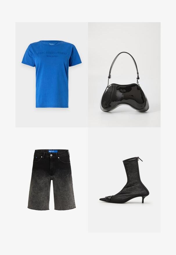 Blå bomulds T-shirt med korte ærmer, med hævet tekst "PEPE JEANS LONDON WEST ELEVEN" på tværs af brystet i matchende farve.; Sorte denimshorts med en gradientfade fra mørk til lys. Har en frynset kant, to frontlommer og et mærket blåt label på taljen.; Sorte mesh ankelstøvler med spidse tæer, lynlås og en lille hæl. Har en dekorativ spændeaccent nær tåområdet.; Sort patentlæder håndtaske med en unik buet form, kort justerbar hank og en lynlåslukning i toppen. Glat tekstur med diskret branding.