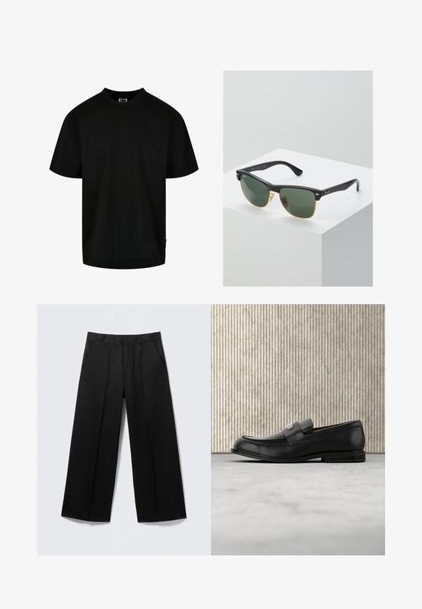 Schwarzes T-Shirt aus Baumwolle, mit Rundhalsausschnitt und kurzen Ärmeln in lockerer Passform. Einfaches Design, ohne Muster oder Grafiken.; Schwarze Hosen mit weitem Bein, Gürtelschlaufen, Vordertaschen und Reißverschluss, auf einem hellgrauen Hintergrund präsentiert.; Schwarzer Lederloafer mit einer Metallmarkenplatte, der nahe einem braunen runden Tisch auf beigem Teppichboden ruht.; Ray-Ban Sonnenbrillen mit grünen Gläsern, schwarzen Kunststoffrahmen und goldenen Akzenten an den Rändern. Quadratische Form mit matter Oberfläche.