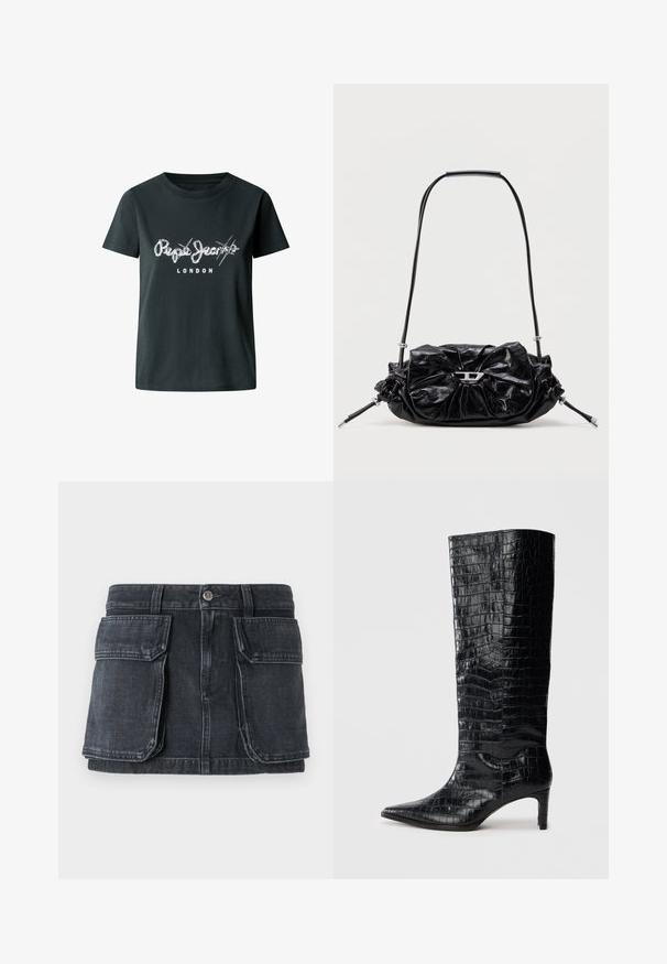 Must musta musta T-särk, millel on rinnas valge kulunud logo "Pepe Jeans LONDON" ning lühikesed varrukad ja ümmargune kaelus.; Must mustri seelik, millel on vormitud vöökoht, nööbid, kaks suuri esikot ja kontrastne õmblusdetail.; Mustad põlvekõrged saapad läikiva krokodillinahajäljendiga, terava varba ja kitseneva kontsaga. Sile sünteetiline materjal.; Mustast nahast käekott, millel on kokku kogutud disain ja ees lipsukaunistus. Varustatud lühikese sangaga ja hõbedaste metalldetailidega.