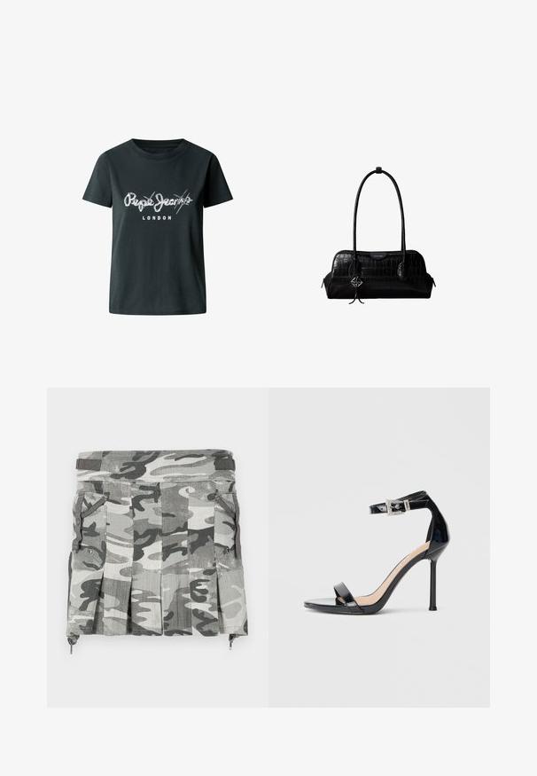 Must musta musta T-särk, millel on rinnas valge kulunud logo "Pepe Jeans LONDON" ning lühikesed varrukad ja ümmargune kaelus.; Halli peitmismuster, halli ja musta tooni, pleatide, kahe küljetasku ja tõmbluku sulgemisega allääres.; Mustast lakknahast kõrge kontsaga sandaal, millel on pahkluu rihm. Oman minimalistlikku disaini, avatud varvaste ja litritega kaunistatud pandlaga.; Mustast krokodillinahast õlakott pikkade rihmade ja ühe rihma peal väikese hõbedase logoga ripatsiga.