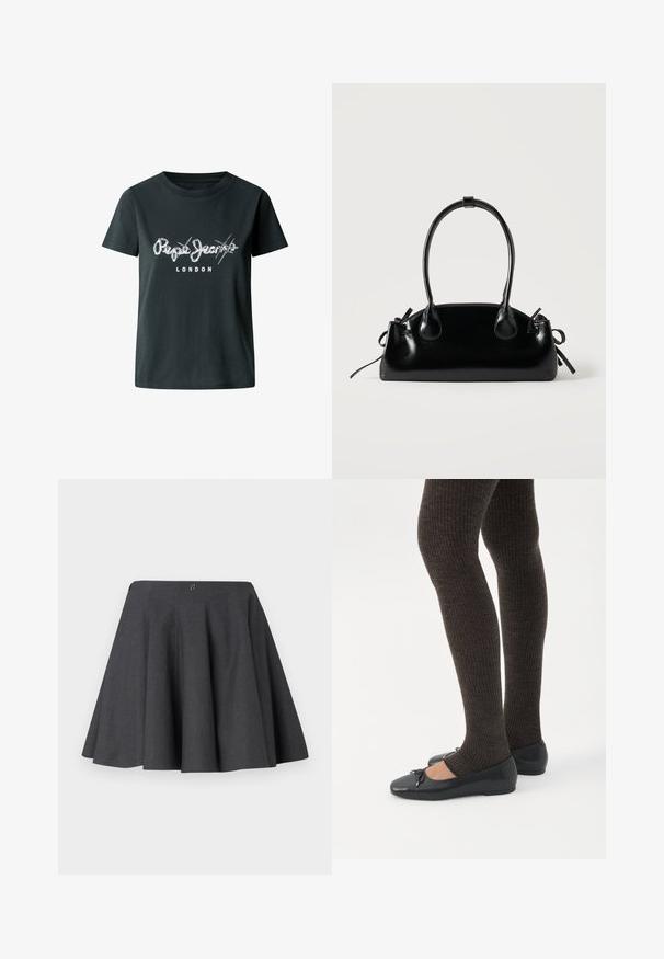 Zwarte katoenen T-shirt met een witte versleten logo "Pepe Jeans LONDON" over de borst, met korte mouwen en een ronde hals.; Grijze uitlopende rok van textuurstof. Heeft een middenhoge taille en subtiele plooien, met een verborgen rits aan de achterkant.; Benen met donkere geribbelde leggings gecombineerd met zwarte ballerina's met kleine strikdetails op een witte achtergrond.; Kleine zwarte glanzende handtas met twee lange hengsels en zijkant trekkoord details op een effen lichte achtergrond.