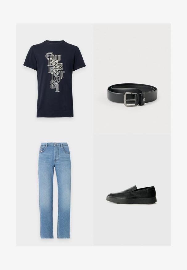 Tricou bleumarin cu mâneci scurte și text alb vertical „GUESS EST. 1981” în font serif stratificat pe față.; Jeans din denim de un albastru deschis, cu un design cu picior drept, închidere cu nasture, stil cu cinci buzunare și o textură ușor decolorată. Siluetă clasică de jean.; Calvin Klein HYBRID CUP - Pantofi slip-on - triple black; Curea de piele neagră cu o cataramă metalică argintie lucioasă, textură netedă și margini cusute. Are un inel pentru fixarea capătului curelei.