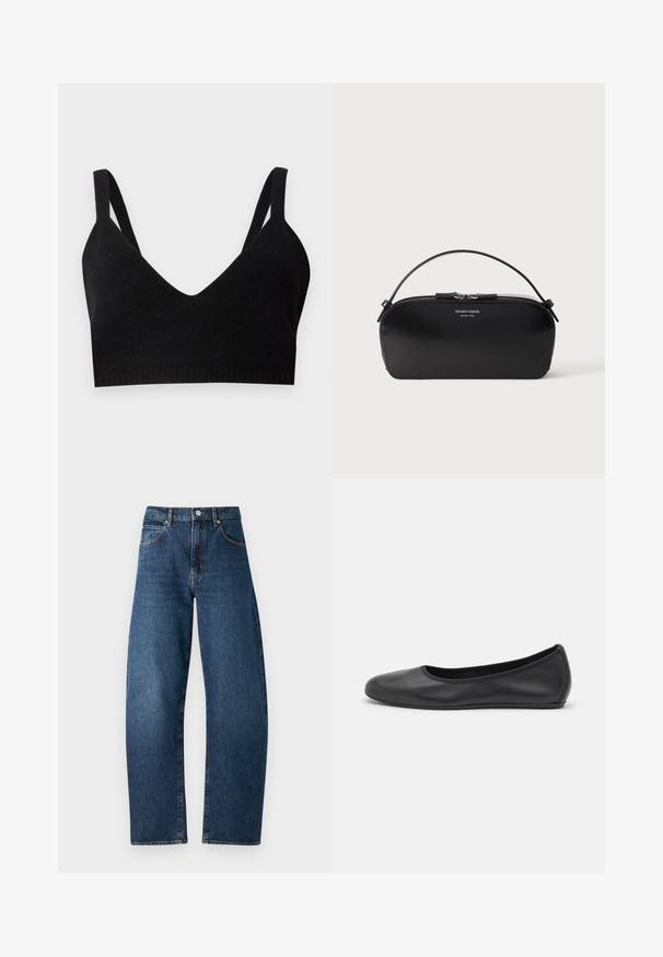 Zwarte gebreide bralette met een diepe V-hals, brede schouderbanden en een geribbeld band. Zachte textuur zonder zichtbare hardware of accenten.; Blauwe spijkerbroeken van denim met een hoge taille, straight leg ontwerp, zichtbare stiksels, vijf zakken en een knoopsluiting. Klassieke donkere wassing.; Zwarte leren ballerina met een ronde neus, gladde textuur, minimale stikdetails en een flexibele zoolontwerp.; Zwarte leren polstasje met zilveren ritssluiting en kort handvat, geperst Emporio Armani Milano 1981-logo aan de voorkant.
