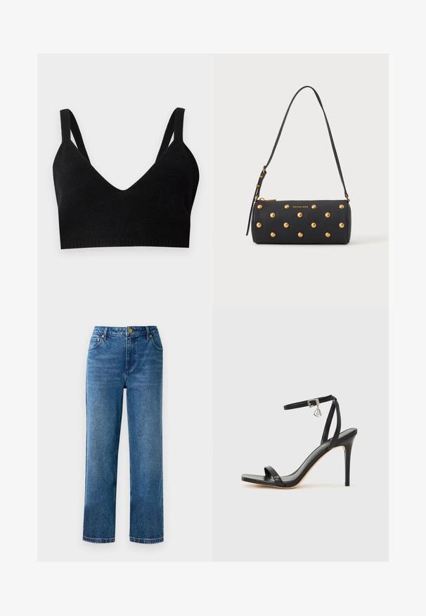 Bralette en maille noire avec un décolleté en V profond, de larges bretelles et une bande côtelée. Texture lisse sans matériel ou accents visibles.; Jean taille haute bleu avec une coupe droite, en denim, comportant cinq poches et des détails en métal doré.; Sandale à talon haut noire avec une bride étroite à la cheville, bout carré, cuir lisse et accent de boucle métallique.; Sac à main cylindrique noir avec des clous dorés et une bandoulière réglable, avec le logo "Michael Kors" en doré sur le devant.