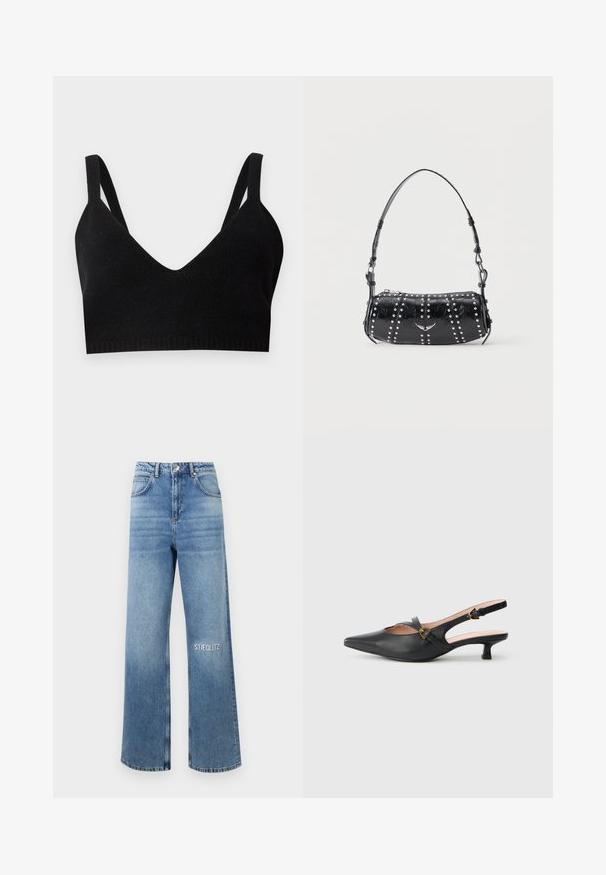 Sort strikket bh med dyb V-udskæring, brede skulderstropper og ribbet bånd. Glat tekstur uden synlig hardware eller detaljer.; Lyseblå vide jeans i denimstof med høj talje, femlommerdesign og "STIEGLITZ" broderet på venstre lår.; Sort læderslingback-pumpe med spids tå, lav hæl, udskåret design og guldfarvet spænde på remmen.; Sort skuldertaske i laklæder med sølvnitter i lodrette rækker og et lille sølvfugleemblem midt på fronten.