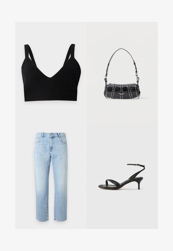 Zwarte gebreide bralette met een diepe V-hals, brede schouderbanden en een geribbeld band. Zachte textuur zonder zichtbare hardware of accenten.; Lichtblauwe high-waist rechte jeans met knoop- en ritssluiting, voorzakken en zichtbare stiksels op een effen achtergrond.; Zwarte leren dames sandaal met dunne bandjes, een teengreep, een enkelgesp en een stilettohak van gemiddelde hoogte op een neutrale achtergrond.; Zwarte lakleren schoudertas met zilveren studs in verticale rijen en een klein zilveren vogel-embleem in het midden aan de voorkant.