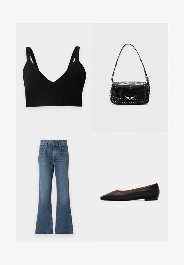 Bralette en maille noire avec un décolleté en V profond, de larges bretelles et une bande côtelée. Texture lisse sans matériel ou accents visibles.; Jean flare en denim de lavage bleu moyen avec une taille haute, présentant un style traditionnel à cinq poches et un ourlet effiloché en bas.; Chaussure plate en cuir noir à bout pointu avec talon bas et finition lisse, vue de côté sur un fond gris clair.; Sac à épaule en cuir noir avec des clous argentés et un emblème métallique ailé sur le rabat avant sur fond uni.