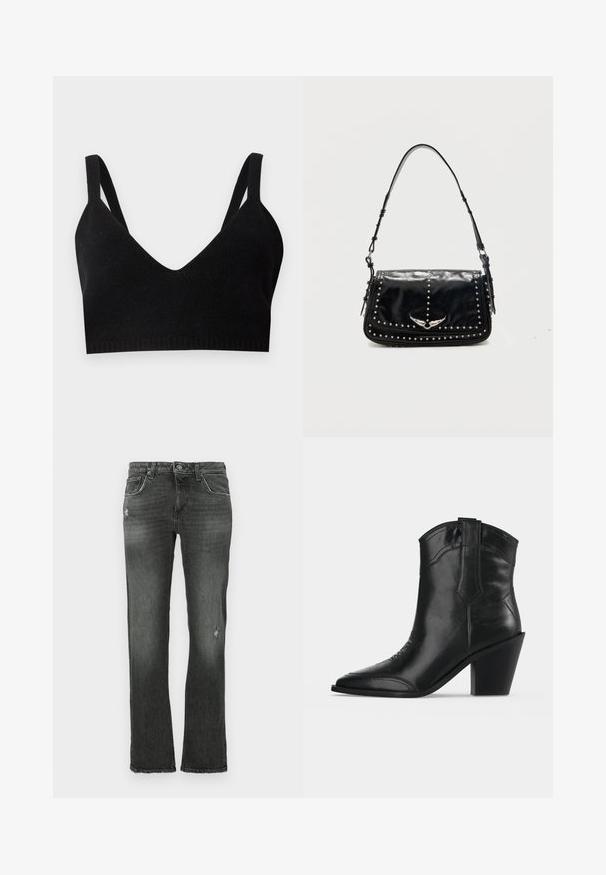 Bralette en maille noire avec un décolleté en V profond, de larges bretelles et une bande côtelée. Texture lisse sans matériel ou accents visibles.; Jeans en denim noir avec une coupe droite, présentant des détails subtils d'usure et une disposition classique à cinq poches. Fermeture à bouton standard et passants de ceinture.; Bottine noire en cuir avec bout pointu, coutures décoratives, languette de tirage et talon bloc épais sur fond clair uni.; Sac à épaule en cuir noir avec des clous argentés et un emblème métallique ailé sur le rabat avant sur fond uni.