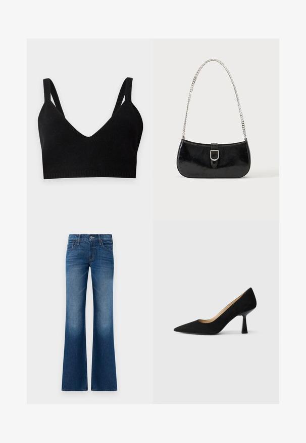 Schwarzes Strick-Bralette mit tiefem V-Ausschnitt, breiten Schulterträgern und einem gerippten Bund. Glatte Textur ohne sichtbare Beschläge oder Akzente.; Ausgestellte Jeans aus dunkelblauem Denim mit glatter Textur, Fünf-Taschen-Design, frontale Knopfverschluss und dezentem Verblassen am Saum.; Schwarze Wildleder-Pumps mit hohem Absatz und spitzer Zehenform, ausgestattet mit einem glänzenden schwarzen Blockabsatz und einem glatten Innenfutter.; Schwarze Schultertasche aus Lackleder mit silberner Schnalle und silbernem Kettenriemen, auf hellem einfarbigen Hintergrund präsentiert.