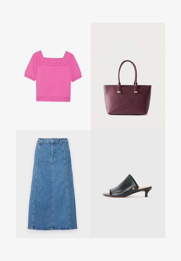 Haut en coton rose court avec un décolleté carré, des manches courtes et des détails perforés autour de l'encolure. Texture lisse, design décontracté.; Jupe midi en denim bleu clair avec une coupe droite, fermeture à boutons sur le devant, cinq passants de ceinture et deux poches latérales.; Mules ouverts en cuir noir avec un talon bas. Présentent une surface lisse et un accent logo doré sur le côté.; Sac fourre-tout en cuir violet foncé avec deux poignées et petit logo de marque doré sur le devant, posé sur un fond clair uni.