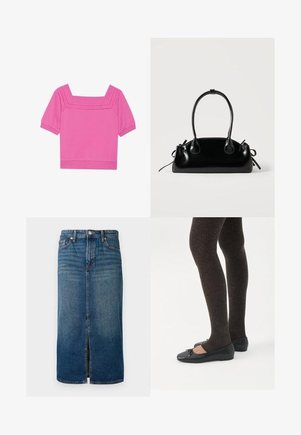 Top corto de algodón rosa con escote cuadrado, mangas cortas y detalles perforados alrededor del escote. Textura suave, diseño casual.; Falda midi de mezclilla en azul oscuro con una abertura frontal, cinco bolsillos y costuras en contraste. Cuenta con un cierre de botón y cremallera en la cintura.; Piernas con leggings oscuros acanalados combinados con bailarinas negras que presentan pequeños detalles de lazo sobre un fondo blanco.; Pequeño bolso negro brillante con dos asas largas y detalles de cordón lateral sobre un fondo claro liso.