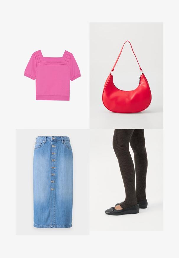 Haut en coton rose court avec un décolleté carré, des manches courtes et des détails perforés autour de l'encolure. Texture lisse, design décontracté.; Jupe midi en denim bleu avec une coupe droite, dotée d'une fermeture à boutons sur le devant, de cinq poches et d'un délavage pour une texture.; Jambes portant des leggings côtelés foncés associés à des ballerines noires avec de petits détails en nœud sur fond blanc.; Sac à épaule en simili cuir rouge au design courbé, avec une bandoulière fine et une fermeture éclair. Texture lisse avec des détails de couture visibles.