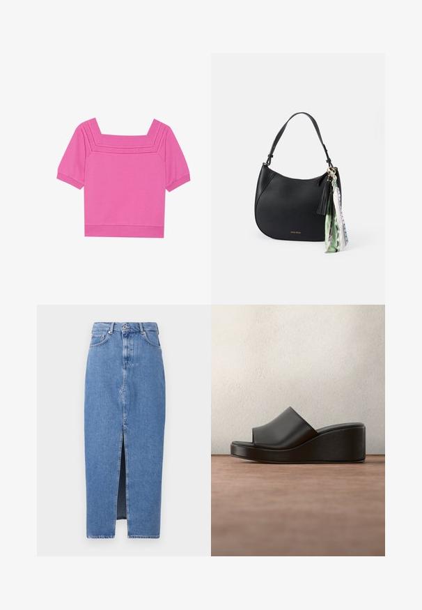 Kort lyserød bomuldsbluse med firkantet udskæring, korte ærmer og perforerede detaljer omkring udskæringen. Glat tekstur, afslappet design.; Lyseblå denim midi-nederdel med en frontslids, klassisk fem-lomme design og lukning med topknap. Stoffet har en let struktur.; Sort læder platformslidesandal med åben tå og Anna Field-logo på indersålen, vist mod en sløret mørk baggrund.; Sort læder skuldertaske med tekstureret finish, der har en guldaccent, en dekorativ kvast og et flerfarvet bånddetalje.