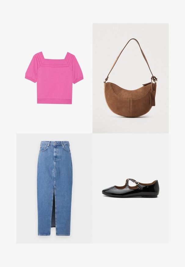 Top corto de algodón rosa con escote cuadrado, mangas cortas y detalles perforados alrededor del escote. Textura suave, diseño casual.; Falda midi de mezclilla azul claro con una abertura frontal, diseño clásico de cinco bolsillos y cierre con botón en la parte superior. La tela tiene una ligera textura.; Zapato plano Mary Jane de charol negro con dos recortes y una correa con hebilla dorada sobre fondo blanco.; Bolso de ante marrón con forma curva de media luna. Cuenta con una correa para el hombro, una pequeña etiqueta y costuras visibles a lo largo de los bordes.
