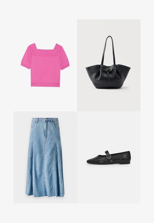 Top corto de algodón rosa con escote cuadrado, mangas cortas y detalles perforados alrededor del escote. Textura suave, diseño casual.; Falda de mezclilla azul claro con diseño acampanado, que presenta un cierre de botón, presillas para cinturón y detalles de costura vertical. Largo hasta la mitad de la pantorrilla.; Zapato plano de cuero negro con punta redondeada, una sola correa ajustable con hebilla y una textura suave y brillante. Diseño minimalista con un tacón bajo.; Bolso tote de cuero negro con asas largas y una correa frontal con una pequeña hebilla dorada, sobre un fondo liso.