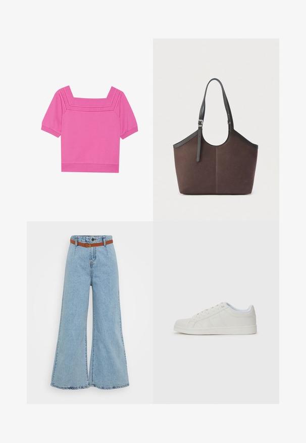 Kort lyserød bomuldsbluse med firkantet udskæring, korte ærmer og perforerede detaljer omkring udskæringen. Glat tekstur, afslappet design.; Lyseblå bredbenede jeans med høj talje, elastikbånd og et kontrasterende brunt bælte. Har synlige sømme og en effekteret kant.; Hvide sneakers med en glat læderoverdel, rund tå, flad sål og diskrete sidetavler. Snørret design med en blød inderside.; Brun tote-taske med sorte justerbare skulderstropper og sølvspænde, glat tekstur, enkelt og struktureret design på en ensfarvet baggrund.