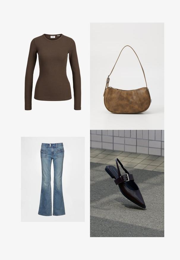 Brun ribbet langærmet tætsiddende skjorte med rund halsudskæring, vist på en hvid baggrund.; Blå denimjeans med vidde i benene har høj talje, to forlommer med teksturerede detaljer og en traditionel knaplukning.; Mørkebrune flade slingback-sko med spids tå, bred rem og stor sølvspænde på asfalt nær flisebelagt væg.; Brun faux læder skuldertaske med en buet form, en enkelt strop, kontrasterende syninger og en lynlåslukning langs den øverste kant.