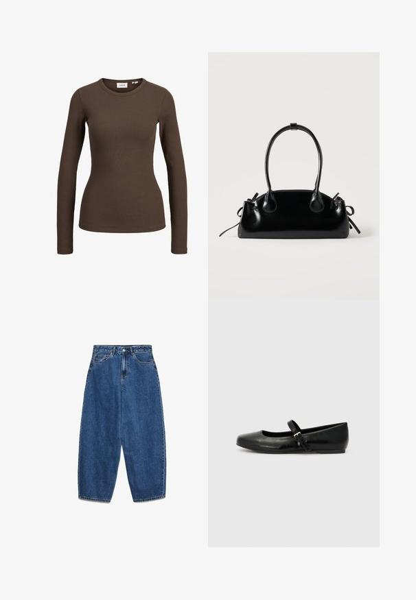 Brun ribbet langærmet tætsiddende skjorte med rund halsudskæring, vist på en hvid baggrund.; Blå denimjeans med høj talje, afslappet pasform og lige ben. Klassisk design med fem lommer, lynlås og knaplukning.; Sorte læder balletflade med rund tå, flad sål og en tynd justerbar rem over svangen med en metalspænde.; Lille sort blank håndtaske med to lange håndtag og snøre-detaljer i siden på en ensfarvet lys baggrund.