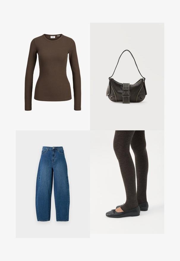 Brun ribbet langærmet tætsiddende skjorte med rund halsudskæring, vist på en hvid baggrund.; Denimjeans i en mellemblå vask, med højt liv, bred benpasform og standard fem-lomme design med synlige stikninger.; Ben iført mørke ribbede leggings kombineret med sorte balletsko med små sløjfedetaljer på hvid baggrund.; Sort læder skuldertaske med spænde på remmen, afrundede kanter og kontrasterende hvide syninger på en ensfarvet baggrund.