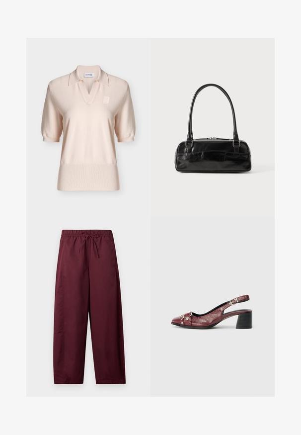 Polo à manches courtes rose clair avec col, ourlet et poignets côtelés, et un petit logo embossé sur la poitrine.; Pantalon ample couleur bordeaux avec taille élastique et cordon de serrage, jambes droites, sans poches visibles ni motifs.; Chaussure slingback en cuir bordeaux avec un bout arrondi, un design incurvé, des accents en métal argenté et un talon bloc. Finition texturée.; Sac à main en cuir noir de forme rectangulaire, doté d'une seule ansse structurée, de quincaillerie argentée et d'une fermeture éclair. Texture lisse.