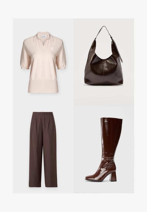 Polo à manches courtes rose clair avec col, ourlet et poignets côtelés, et un petit logo embossé sur la poitrine.; Pantalon marron à jambes larges avec taille haute et plis subtils sur le devant, en tissu texturé, présenté sur fond blanc.; Bottes en cuir verni marron jusqu'aux genoux avec un bout carré, finition brillante et un talon épais pour la stabilité. Design sans couture sans matériel visible.; Sac à bandoulière en cuir marron foncé brillant avec une seule large sangle et un détail de boucle sur un côté, posé sur un fond clair uni.