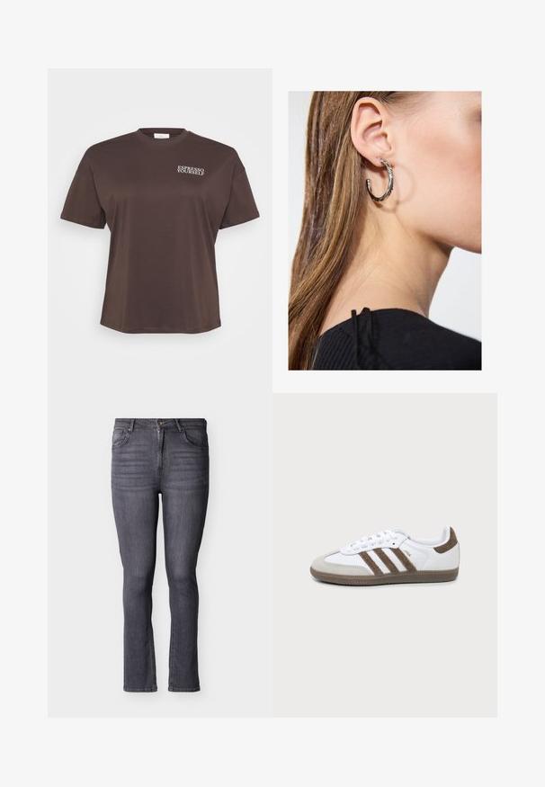 Hnedé tričko s krátkym rukávom, na ktorom je biele písmo "ESPRESSO YOURSELF" na hornej ľavej strane. Jednoduchý, ležérny dizajn.; Sivé džínsy Slim-fit s piatimi vreckami, predným zapínaním na gombík a zips, s jemným vyblednutím a detailmi zošívania.; Bielo-hnedá teniska Adidas Samba s tromi hnedými pruhmi, šnúrkami a textúrovanou podrážkou, zobrazená z boku na jednoliatom pozadí.; Strieborná kruhová náušnica s lesklým povrchom, obsahujúca malé zlaté akcenty a okrúhly tvar, nosená na lalôčiku ucha.