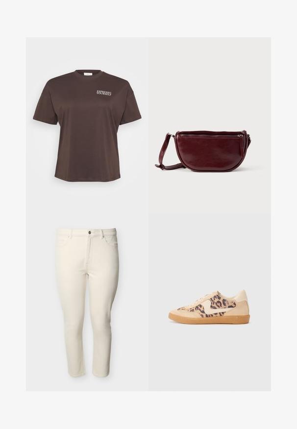 Brun t-shirt med korte ærmer og teksten "ESPRESSO YOURSELF" i hvidt på øverste venstre side. Simpelt, afslappet design.; Højttaljede, slim-fit jeans i cremefarvet med frontknap og lynlås, bæltestropper og fem-lomme-design.; Leopardprint sneakers med beige ruskindsoverdel, tan gummisål og hvide detaljer. Rund pegefinger og snørebåndsdesign med en tekstureret finish.; Vinrød læderhåndtaske med halvmåneform, lynlås og aftagelig rem. Glat tekstur med en subtil glans.