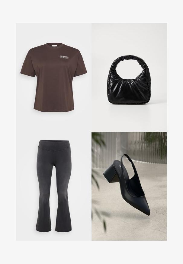Brun t-shirt med korte ærmer og teksten "ESPRESSO YOURSELF" i hvidt på øverste venstre side. Simpelt, afslappet design.; ONLY Carmakoma Flared fit CARROYAL Mid waist - Flared jeans - washed black; Sort læder slingback hæl med spids tå og blokhæl. Glat tekstur, minimalistisk design og justerbar ankelrem.; Sort polstret håndtaske med et rundt håndtag, der har en glat, skinnende overflade og en blød, kviltet tekstur. Ingen synlige hardware eller accenter.