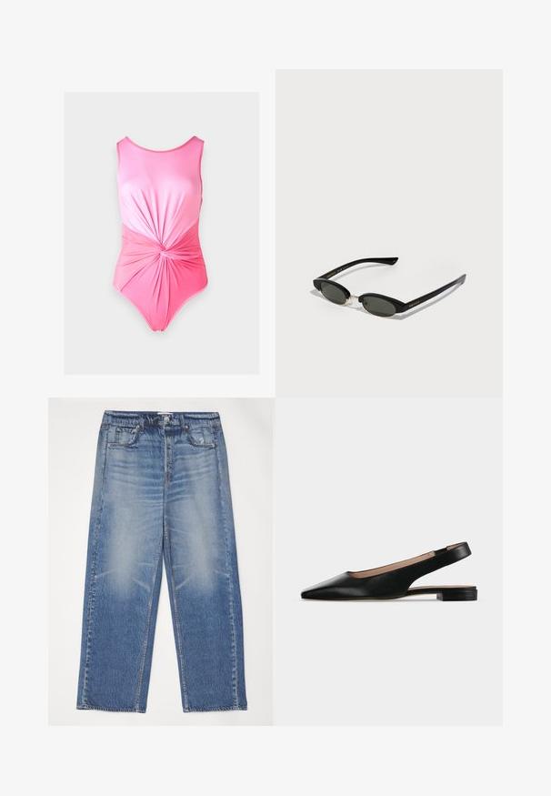 Pink one-piece badedragt med en glat tekstur, der har en samlet snoet detalje i taljen og en rund halsudskæring.; Blå denim jeans med en afslappet pasform, falmet front, fem lommer og knaplukning. Har en sølvknap og kontrasterende syninger.; Sort læder slingback flad sko med spids tå og lav firkantet hæl på hvid baggrund.; Sorte solbriller med en smal oval form, mørke linser, guld accenter på stellet og en glat, blank finish.