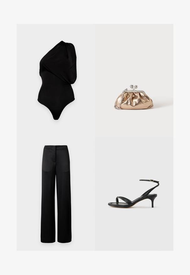 Must beebi õlapea bodysuit, mis on valmistatud siledast materjalist, millel on drapeeritud disain ja keha kallutav siluett koos kõrge lõikega jalaga.; Laiad mustad püksid tekstureeritud pinnaga, millel on lame vöökoht ja kaks kül pocketit. Kangas näib kergena ja voolavana.; Mustast nahast naiste sandaal õhukeste rihmadega, varbaringi, pahkluu pandlaga ja keskmise kõrgusega kitsekontsaga neutraalsel taustal.; Väike kuldse metallikatusega õlakott, millel on hõbedane kinnitus ja kett-õlarihm, ühevärvilisel heledal taustal.
