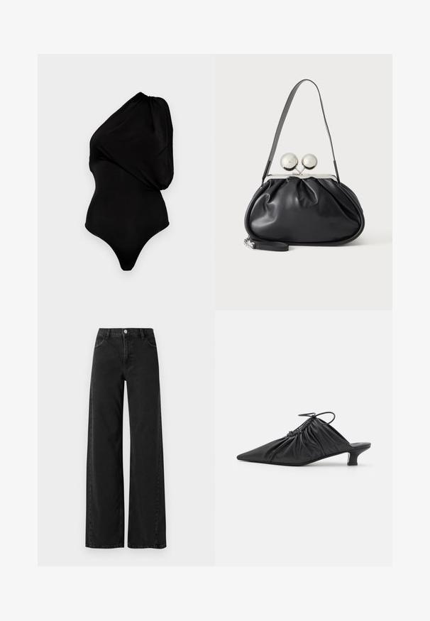 Sort one-shoulder bodystocking lavet af glat materiale, med en draperet design og tætsiddende silhuet med højt skåret ben.; Bredde ben sorte denimjeans med høj talje, der har klassisk fem-lomme design og knaplukning. Glat tekstur og diskrete syninger.; Sorte læder slip-on mules med spids tå, samlet tekstur og en lille kitten heel. Har en snor-detalje ved åbningen.; Sort læderhåndtaske med opsamlet design, en enkelt rem, sølv metalramme og to store runde sølv lukninger.