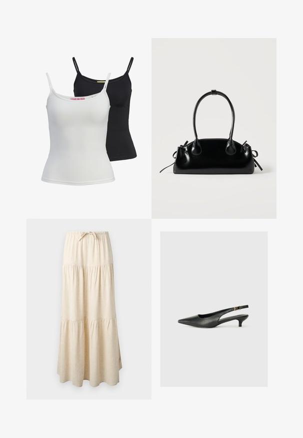Twee basis tanktops in zwart en wit, gemaakt van een gladde, rekbare stof. Voorzien van dunne bandjes en een eenvoudig, getailleerd ontwerp.; Beige maxi-rok met laagjes, voorzien van een elastische tailleband en trekkoord, met een vloeiend, geplooid stoffen ontwerp.; Zwarte puntschoen met slingback van soepel leer. Kenmerkt zich door een dunne hak en een gespdetail op de verstelbare band.; Kleine zwarte glanzende handtas met twee lange hengsels en zijkant trekkoord details op een effen lichte achtergrond.