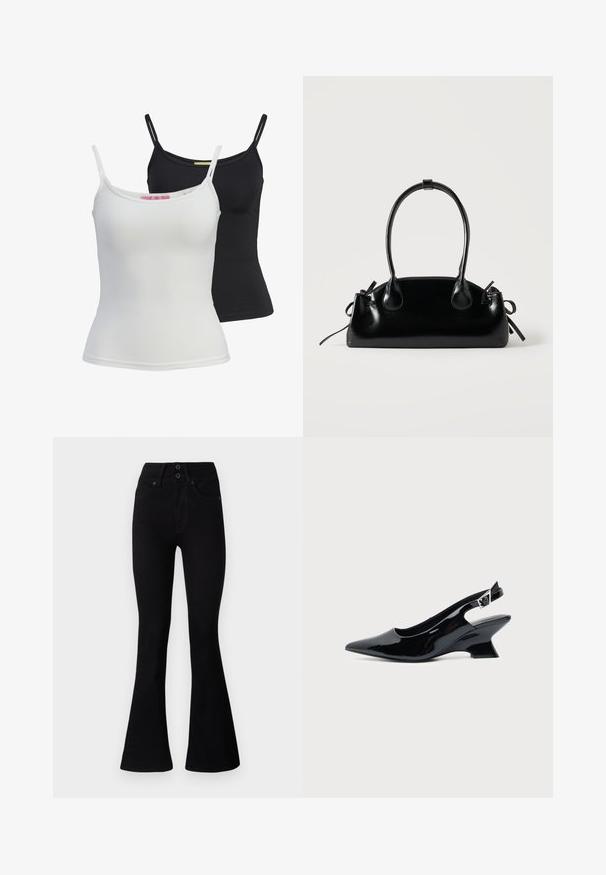 To enkle tanktoppe i sort og hvid, lavet af et glat, strækbart stof. De har tynde stropper og et enkelt, tætsiddende design.; Pepe Jeans FLARE CONTOUR - Flared jeans - black denim; Sort laklæder slingback sko med spids tå og lav vinklet blokhæl på ensartet lys baggrund.; Lille sort blank håndtaske med to lange håndtag og snøre-detaljer i siden på en ensfarvet lys baggrund.