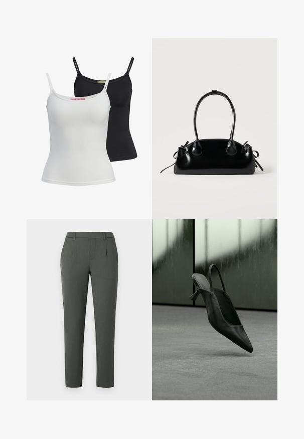 Dos camisetas sin mangas básicas en negro y blanco, hechas de una tela suave y elástica. Presentan tirantes finos y un diseño simple y ajustado.; Pantalones verdes oscuros con un corte ajustado, que cuentan con dos bolsillos laterales, una cremallera y detalles de pinzas para un diseño estructurado.; Zapato de tacón alto con punta puntiaguda y talón destalonado de cuero negro flotando sobre un suelo alfombrado gris, fondo de pared verdosa borrosa.; Pequeño bolso negro brillante con dos asas largas y detalles de cordón lateral sobre un fondo claro liso.