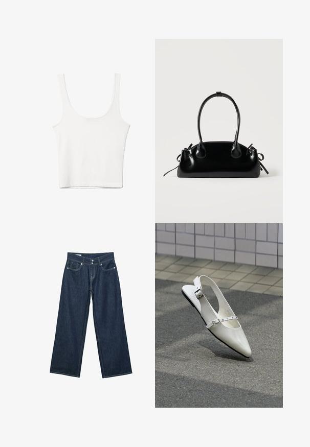 Débardeur en coton blanc avec un décolleté arrondi, sans manches et ajusté. Texture lisse, design uni et détails de couture minimaux.; Jeans en denim bleu foncé à jambes larges avec fermeture à double bouton, poches avant et surpiqûres contrastantes sur fond blanc.; Chaussure plate slingback blanche pointue avec deux boucles argentées, présentée en extérieur sur un sol texturé et un mur carrelé en arrière-plan.; Petit sac à main noir brillant avec deux longues anses et des détails à cordon sur les côtés sur un fond clair uni.
