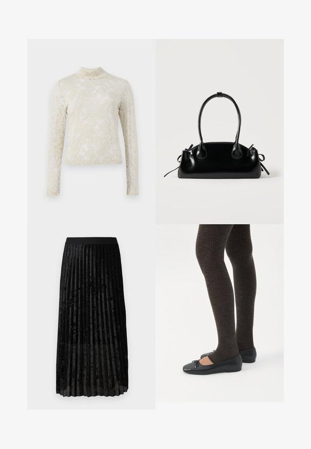 Top de encaje color crema con un cuello alto, mangas largas y un patrón floral, que presenta una silueta ajustada y un acabado texturizado.; Falda negra plisada de terciopelo, con un acabado texturizado y adornos brillantes distribuidos uniformemente por toda la tela.; Piernas con leggings oscuros acanalados combinados con bailarinas negras que presentan pequeños detalles de lazo sobre un fondo blanco.; Pequeño bolso negro brillante con dos asas largas y detalles de cordón lateral sobre un fondo claro liso.