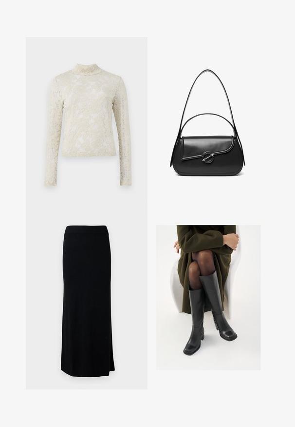 Top de encaje color crema con un cuello alto, mangas largas y un patrón floral, que presenta una silueta ajustada y un acabado texturizado.; Falda larga, negra y de punto con una abertura lateral. Cuenta con una cinturilla elástica y una textura suave. Diseño simple y ajustado. Sin patrones ni detalles visibles.; Botas de cuero negro hasta la rodilla con puntera cuadrada y tacón de bloque, presentadas con un modelo sentado en un abrigo verde oliva. Textura suave, mínimo detalle.; Bolso de hombro de cuero negro con una solapa curva asegurada por un broche metálico redondo y una correa delgada y ajustable.