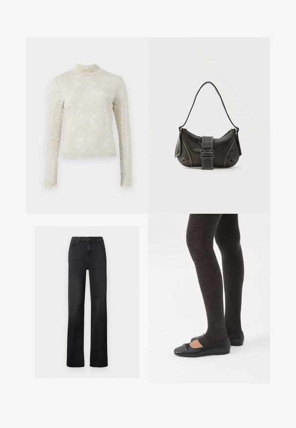 Cremefarvet blonde top med høj hals, lange ærmer og blomsterdesign, med en tætsiddende silhuet og struktureret overflade.; Sorte denim straight-leg jeans med høj talje, fem-lomme design og synlig syning. Glat tekstur med en let falmet finish.; Ben iført mørke ribbede leggings kombineret med sorte balletsko med små sløjfedetaljer på hvid baggrund.; Sort læder skuldertaske med spænde på remmen, afrundede kanter og kontrasterende hvide syninger på en ensfarvet baggrund.