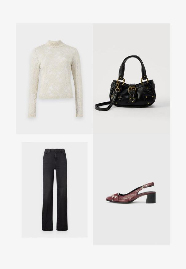 Cremefarvet blonde top med høj hals, lange ærmer og blomsterdesign, med en tætsiddende silhuet og struktureret overflade.; Sorte denim straight-leg jeans med høj talje, fem-lomme design og synlig syning. Glat tekstur med en let falmet finish.; Bordeauxfarvet læderslippersko med rund tå, buet design, sølvhardwaredetaljer og blokhæl. Tekstureret finish.; Sort læderhåndtaske med guldbælge og nitdetaljer, korte håndtag og en justerbar skulderrem på en ensfarvet hvid baggrund.
