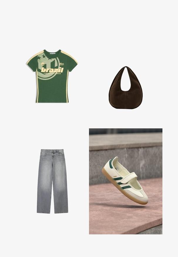 Groen T-shirt met korte mouwen met beige strepen op de mouwen en zijkanten, met de tekst "brazil" en een cirkelvormige afbeelding met sterren en competitiesymbolen.; Wijduitlopende grijze denim jeans met een licht vervaagde afwerking, voorzien van vijf zakken, een knoopsluiting aan de voorkant en lussen voor een riem.; Witte leren schoen met groene strepen, ronde neus, vastgemaakt met een bandje. Gumzool, minimalistisch ontwerp, verhoogde stiksels langs de bovenranden.; Donkerbruine suède handtas in halve maanvorm met een enkele brede riem en een gladde textuur op een witte achtergrond.
