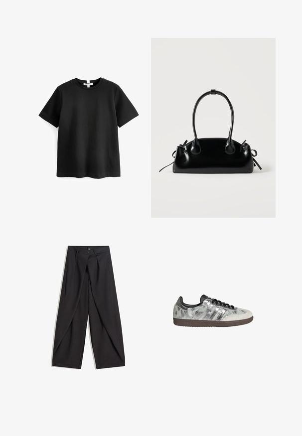 Sort kortærmet t-shirt lavet af glat bomuld, med rund halsudskæring og en lige afskæring. Enkel, minimal design uden mønstre.; Sorte bukser med vide ben lavet af glat stof, med to forlommer og et lægdetalje med to knapper ved taljen.; Lavtop sneaker med sølvmetallic sider, hvid ruskindsspids, sorte snørebånd og brun gummisål.; Lille sort blank håndtaske med to lange håndtag og snøre-detaljer i siden på en ensfarvet lys baggrund.