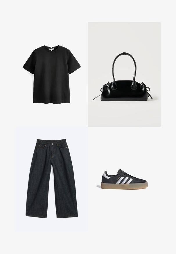 Camiseta negra de manga corta hecha de algodón suave, con un escote redondeado y un dobladillo recto. Diseño simple y minimalista sin patrones.; Vaqueros de mezclilla azul oscuro de pierna ancha con botón delantero y diseño de cinco bolsillos, colocados planos sobre un fondo blanco.; Zapatilla deportiva de cuero negro con tres rayas plateadas, punta texturizada y suela de goma. Cuenta con un collar acolchado y un diseño con cordones.; Pequeño bolso negro brillante con dos asas largas y detalles de cordón lateral sobre un fondo claro liso.